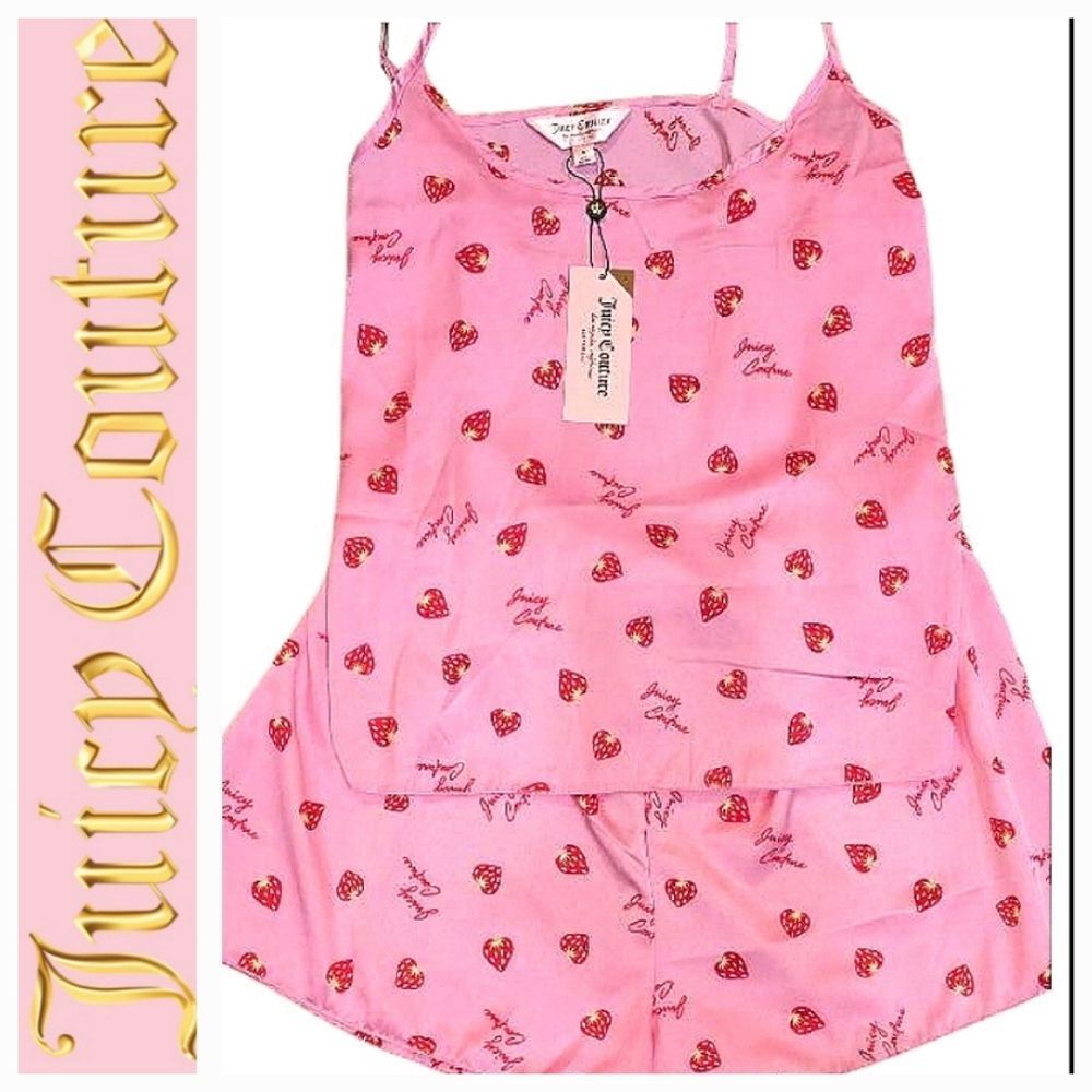 Juicy Couture Signature Logo Strawberry Print Satin Cami & Short‎ PJ Set